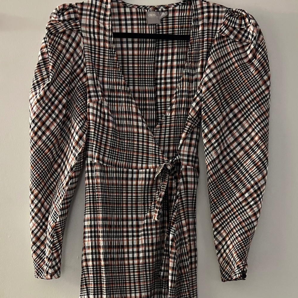ASOS Design Long Sleeve Plaid Wrap Maxi Dress— SIZE SMALL